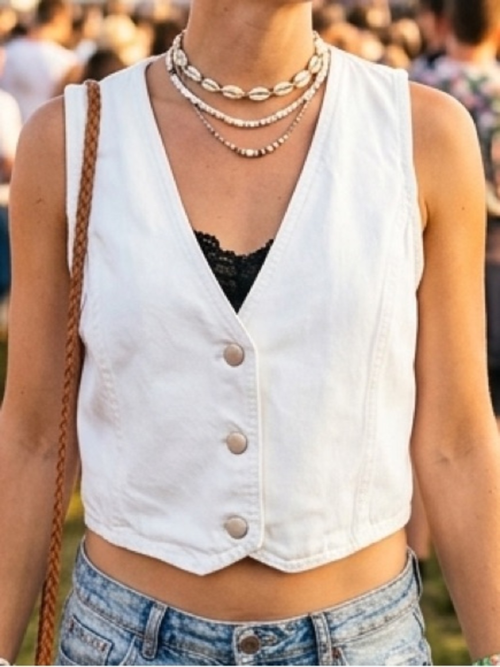Molly Green White Denim Crop Vest Button Front Waistcoat Cotton Linen Look L EUC